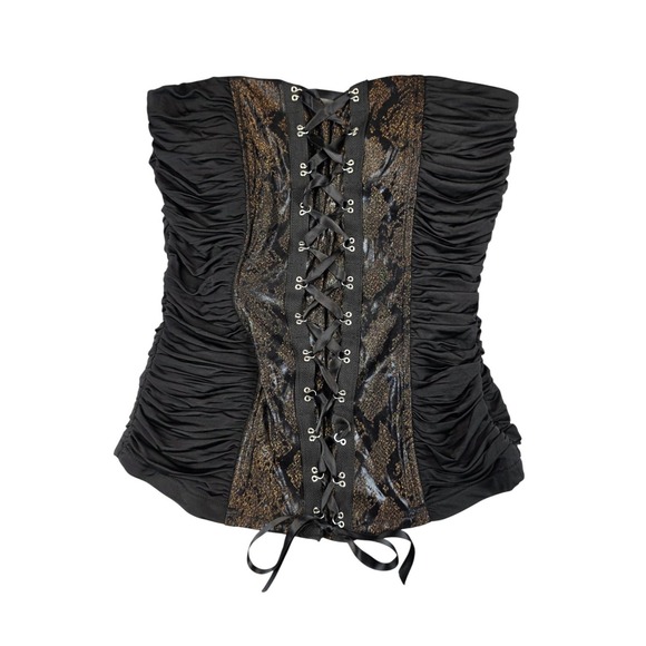 Aggie Tops - Aggie Corset Top Women L Black Gold Metallic Ruched Lace Up Goth Y2K Steampunk